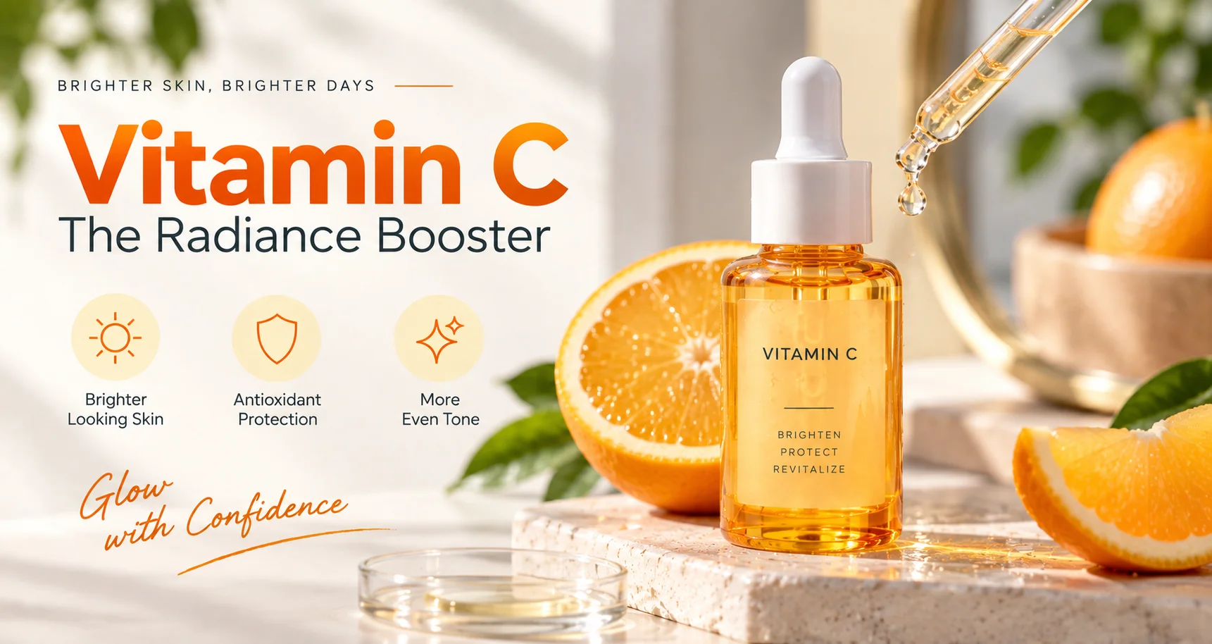 A Vitamin C serum bottle with a dropper, surrounded by fresh orange slices and glowing sunlight. Text describes benefits: brighter skin, antioxidant protection, and even tone.